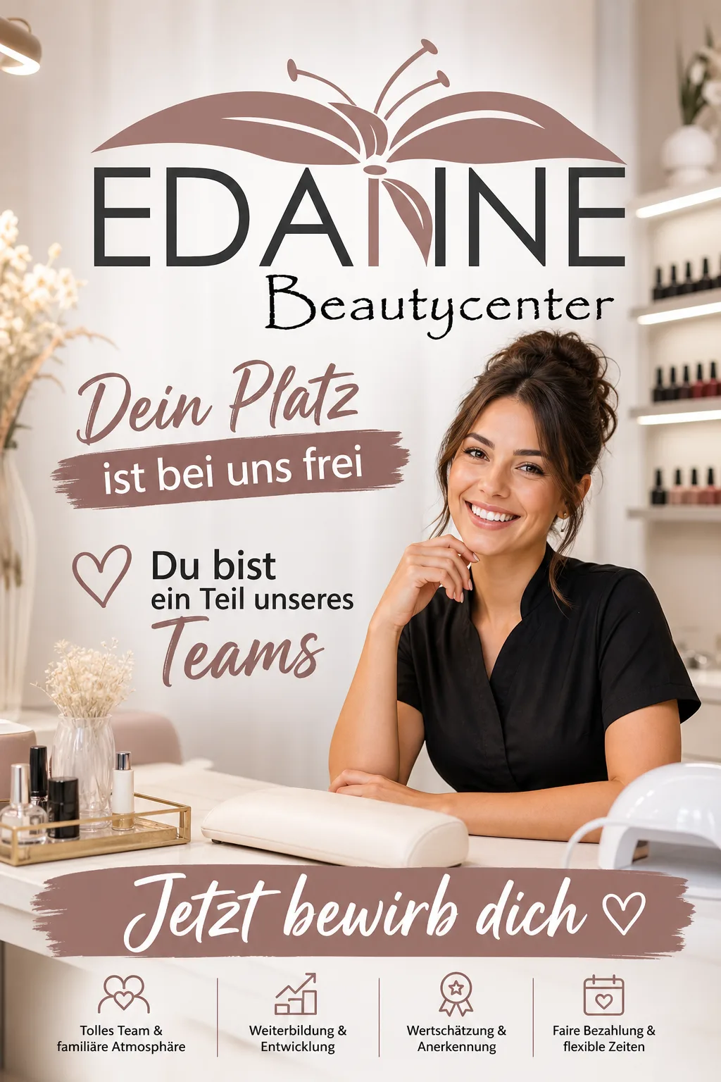 Werbebild von Edanne Beautycenter für eine Jobanzeige im Nagelstudio in Pforzheim mit groß platziertem Logo, modernem Studiotisch, freundlicher Frau als Bewerberin und Text „Dein Platz ist bei uns frei
