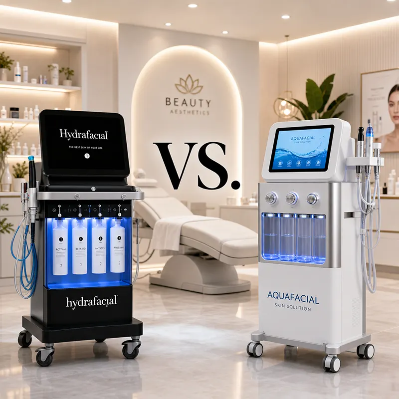 Auf der Abildung sind zwei Geräte im Kosmetikstudio dargestellt: Hydrafacial links und AquaFacial rechts.